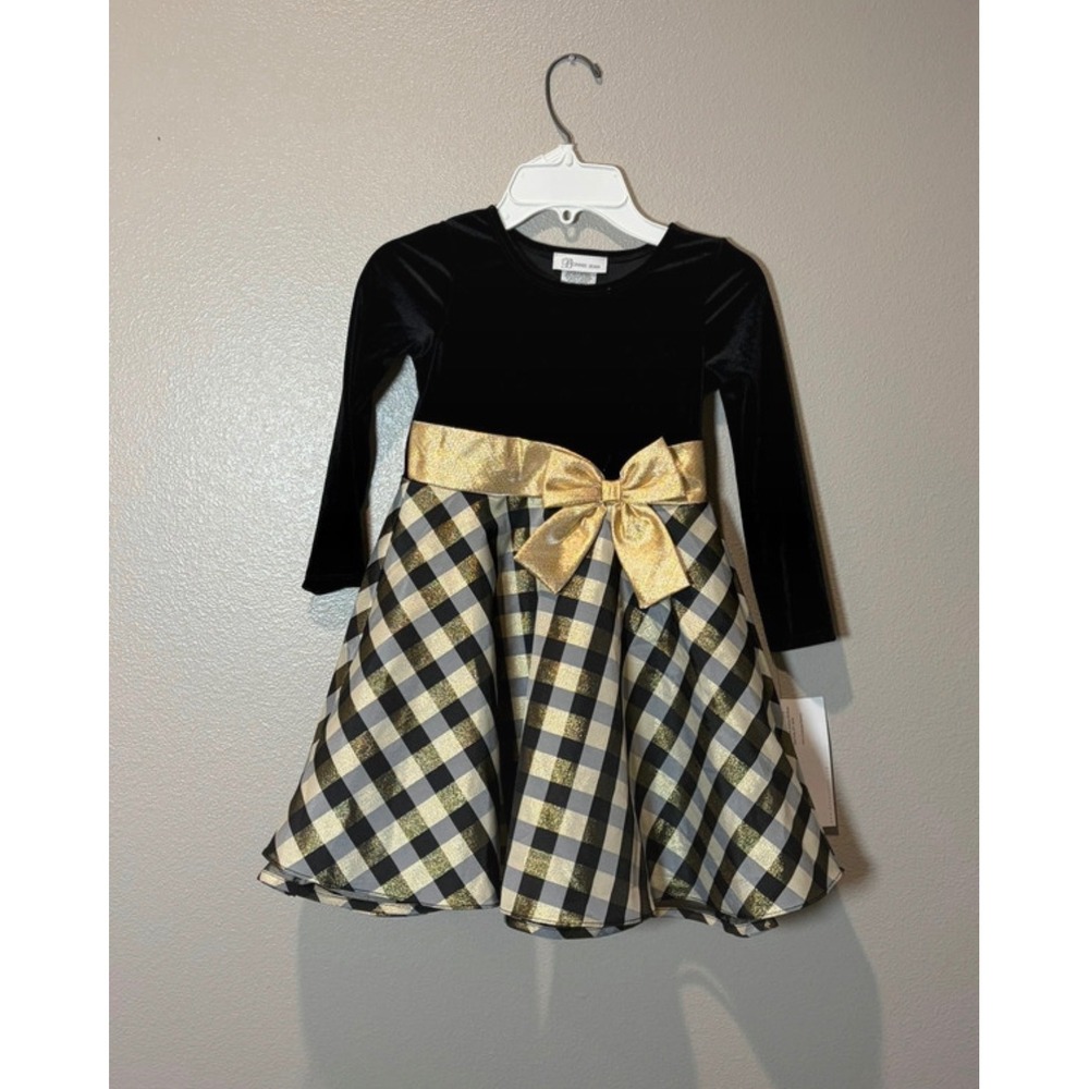 Bonnie Jean Girls Velvet Plaid Holiday Dress Black Gold Metallic Size 5 NEW